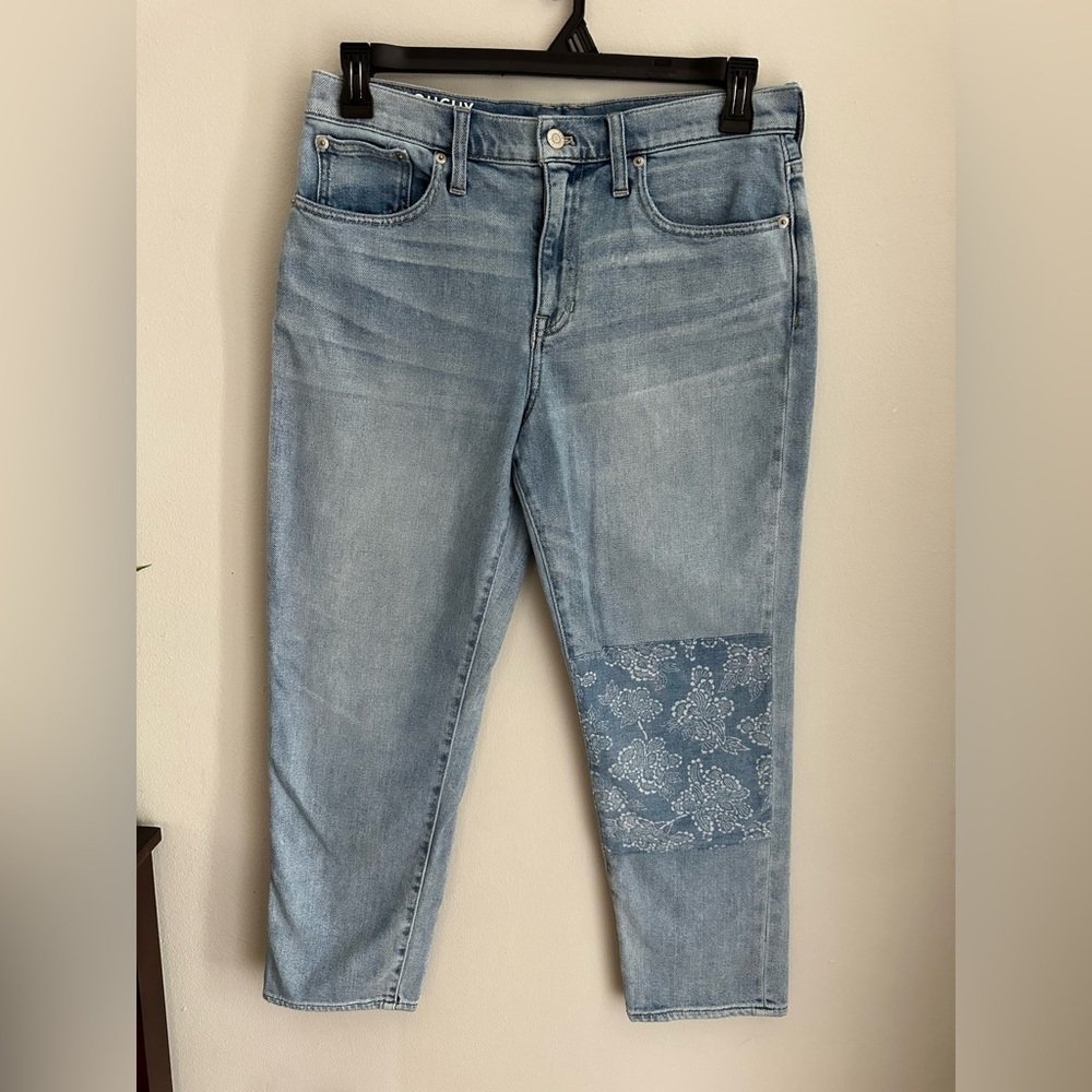 J Crew Slouchy Boyfriend Norwich Wash Denim Jeans Womens 29 Floral Leg Patch